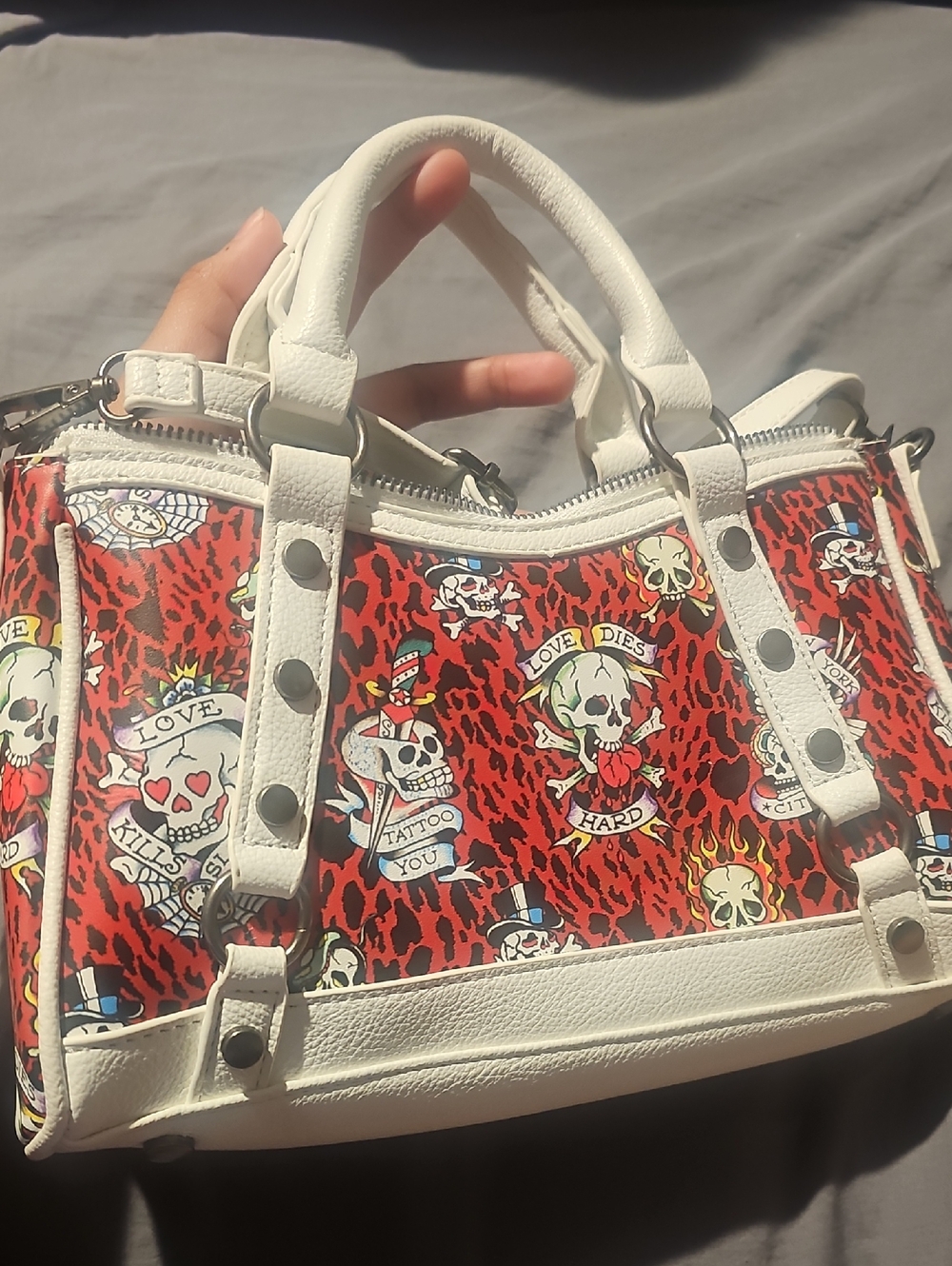 Ed Hardy Red Tattoo-Print Satchel with White Trim and Silver Accents
